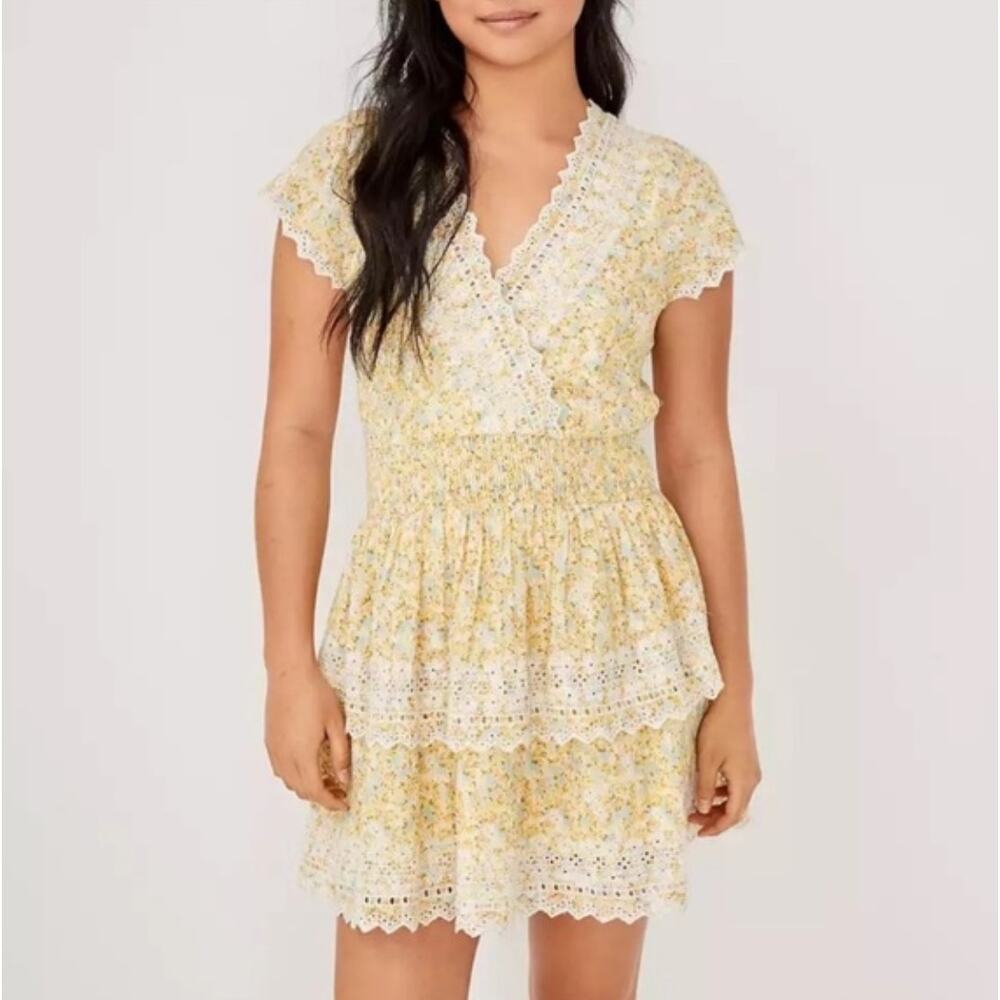 American Eagle Yellow Tiered Mini Dress with Lace Detail Size Large Tall
